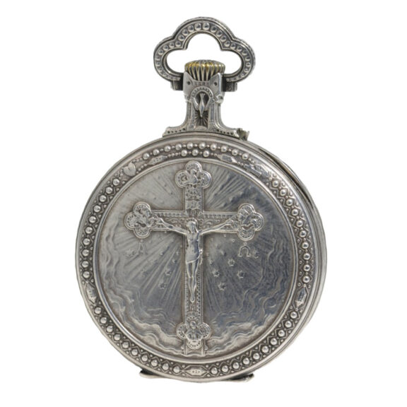 French silver watch with a crucifix scene of Jesus Circa 1910 French silver watch with a crucifix scene of Jesus Circa 1910