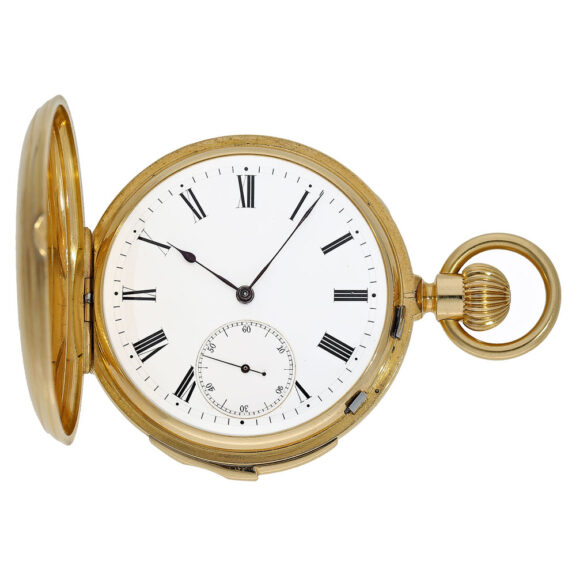 Swiss gold hunting cased quarter-hour repeating lever Circa 1890