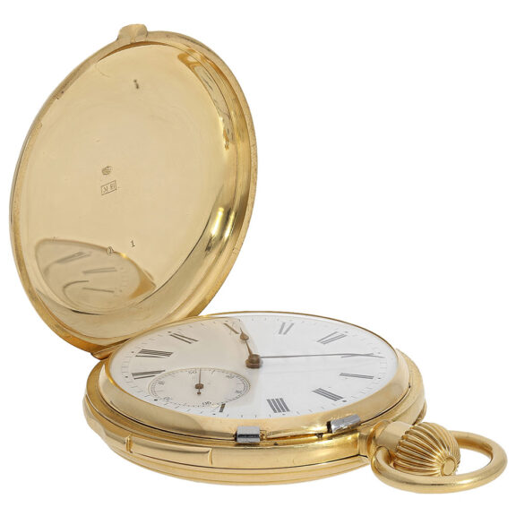 Swiss gold hunting cased quarter-hour repeating lever Circa 1890 Swiss gold hunting cased quarter-hour repeating lever Circa 1890