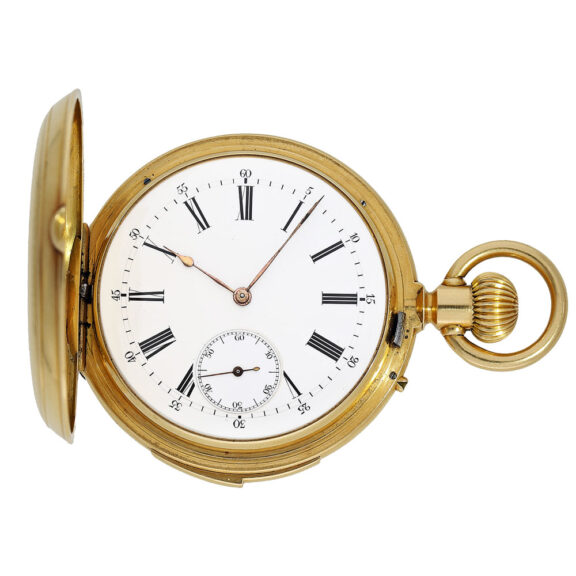 Swiss gold hunting cased quarter-hour repeating lever Circa 1885 Swiss gold hunting cased quarter-hour repeating lever Circa 1885