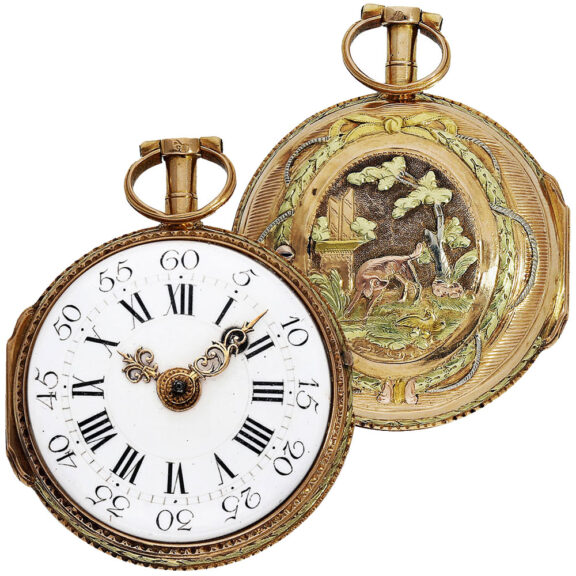 Small French three-coloured gold repoussé pocket watch Circa 1780