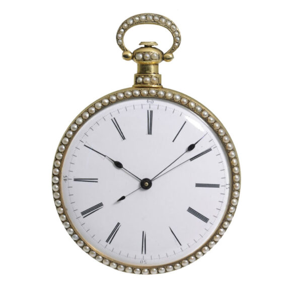 Swiss enamel and pearl set center seconds watch Circa 1850 Swiss enamel and pearl set center seconds watch Circa 1850