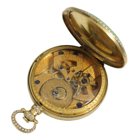 Swiss enamel and pearl set center seconds watch Circa 1850 Swiss enamel and pearl set center seconds watch Circa 1850