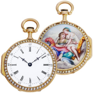 French pink gold, enamel and pearl-set pocket watch Circa 1875
