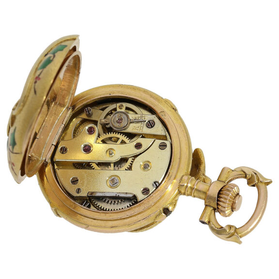 Swiss Art Nouveau miniature gold enamel pendant watch Circa 1900 Swiss Art Nouveau miniature gold enamel pendant watch Circa 1900