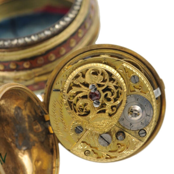 Swiss 22k gold and enamel open faced verge Circa 1760 Swiss 22k gold and enamel open faced verge Circa 1760