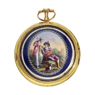 Gold pair cased verge watch with painted enamel scene Circa 1800