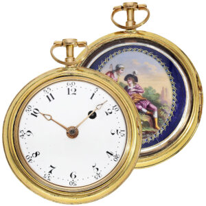 Gold pair cased verge watch with painted enamel scene Circa 1800
