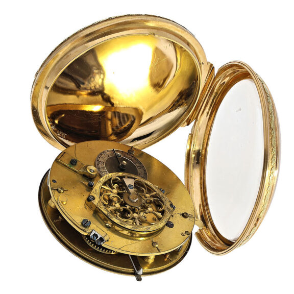 Gold pair cased verge watch with painted enamel scene Circa 1800 Gold pair cased verge watch with painted enamel scene Circa 1800