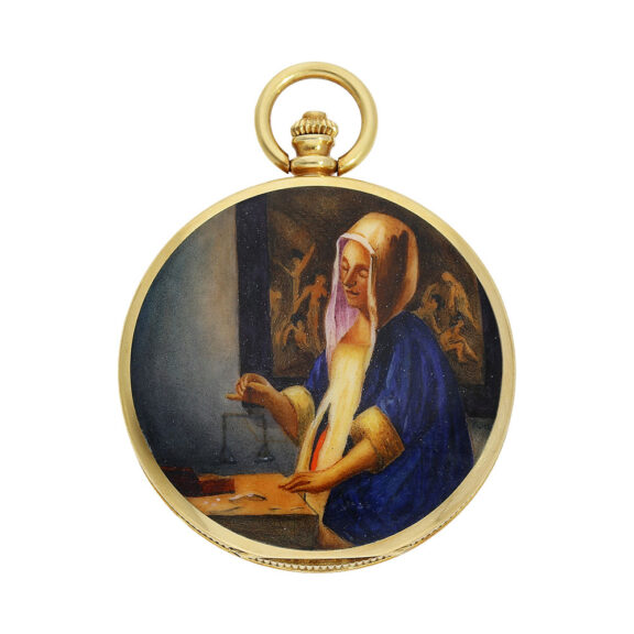 Fine Swiss gold full hunter with enamel paintings Circa 1950 Fine Swiss gold full hunter with enamel paintings Circa 1950
