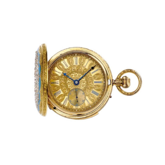 English gold enamel minute repeating hunting watch Circa 1870 English gold enamel minute repeating hunting watch Circa 1870