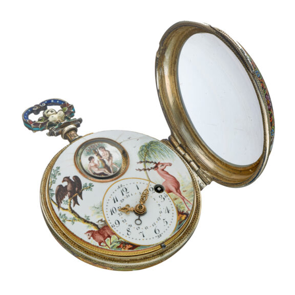Large silver enamel verge with date and automaton Circa 1800 Large silver enamel verge with date and automaton Circa 1800