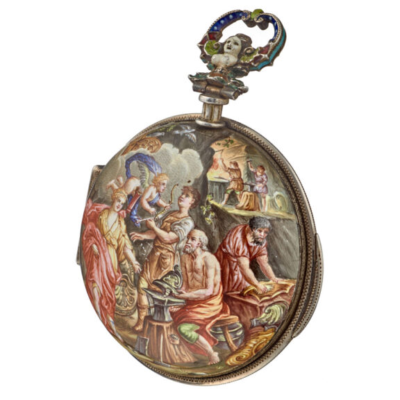 Large silver enamel verge with date and automaton Circa 1800 Large silver enamel verge with date and automaton Circa 1800