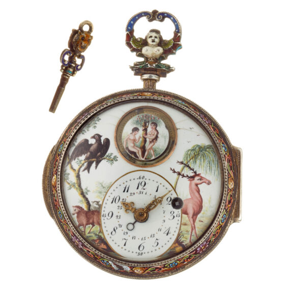 Large silver enamel verge with date and automaton Circa 1800 Large silver enamel verge with date and automaton Circa 1800