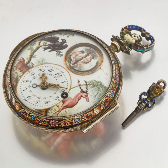 Large silver enamel verge with date and automaton Circa 1800 Large silver enamel verge with date and automaton Circa 1800