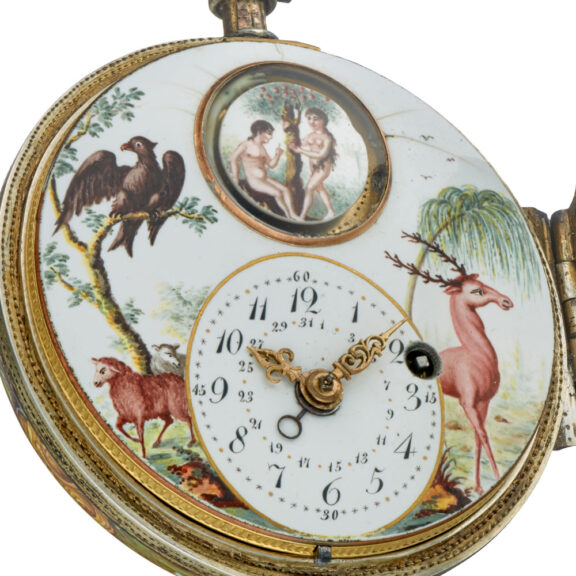Large silver enamel verge with date and automaton Circa 1800 Large silver enamel verge with date and automaton Circa 1800