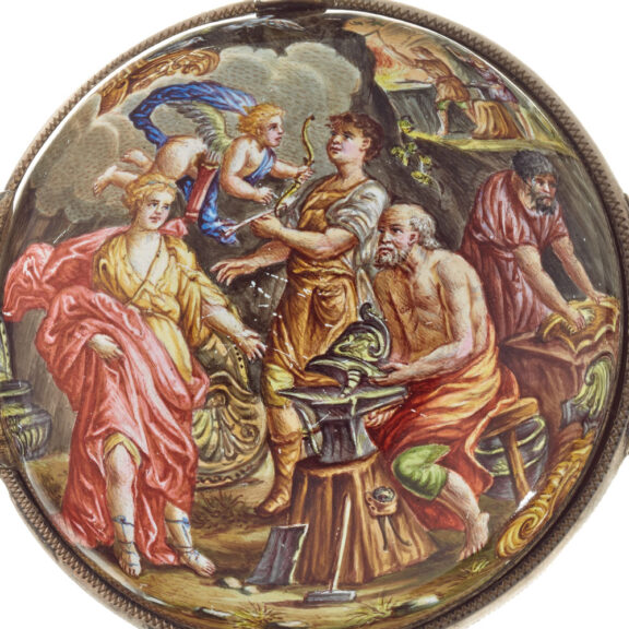 Large silver enamel verge with date and automaton Circa 1800 Large silver enamel verge with date and automaton Circa 1800