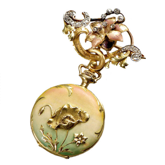 Swiss 18 carat gold pendant watch with brooch Circa 1899