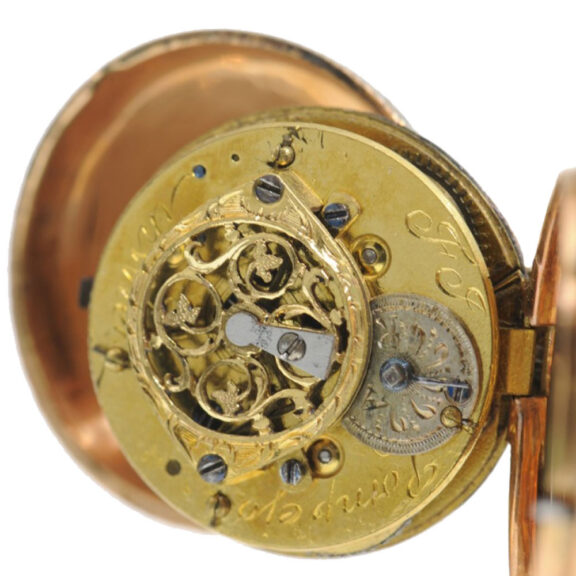 Swiss gold, enamel, pearl set mandolin form watch Circa 1810 Swiss gold, enamel, pearl set mandolin form watch Circa 1810