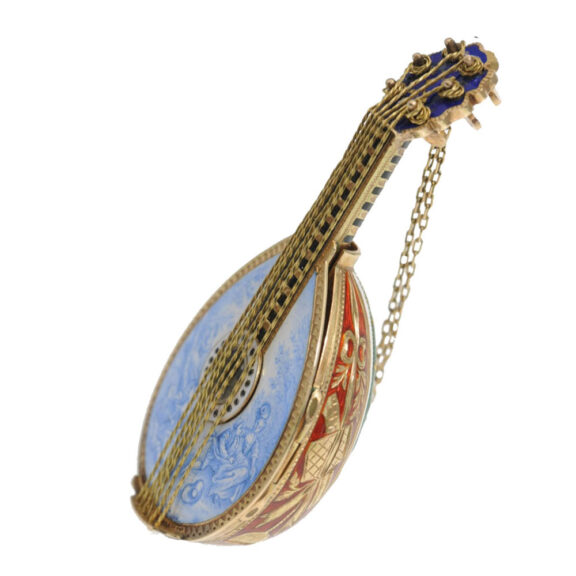 Exquisite fine gold enamel mandolin form watch Circa 1830 Exquisite fine gold enamel mandolin form watch Circa 1830