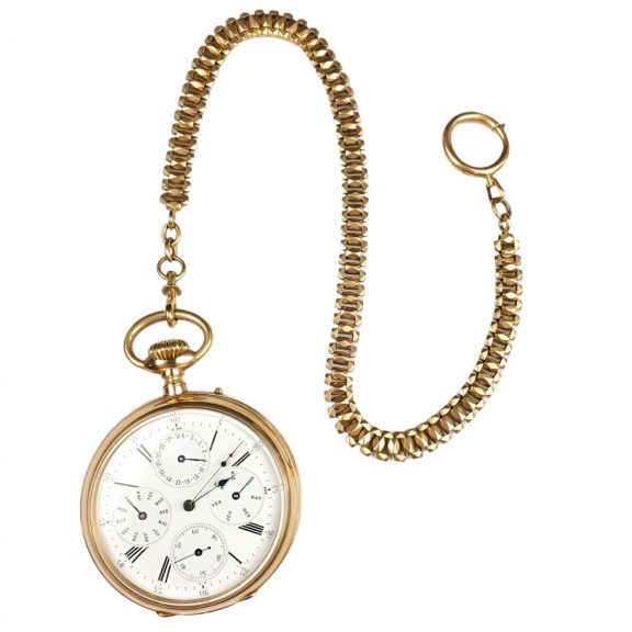 French 18K gold open faced lever watch with calendar Circa 1900 French 18K gold open faced lever watch with calendar Circa 1900