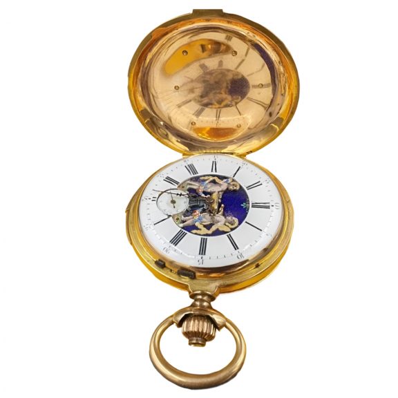 Large Swiss gold quarter repeating automaton watch Circa 1880