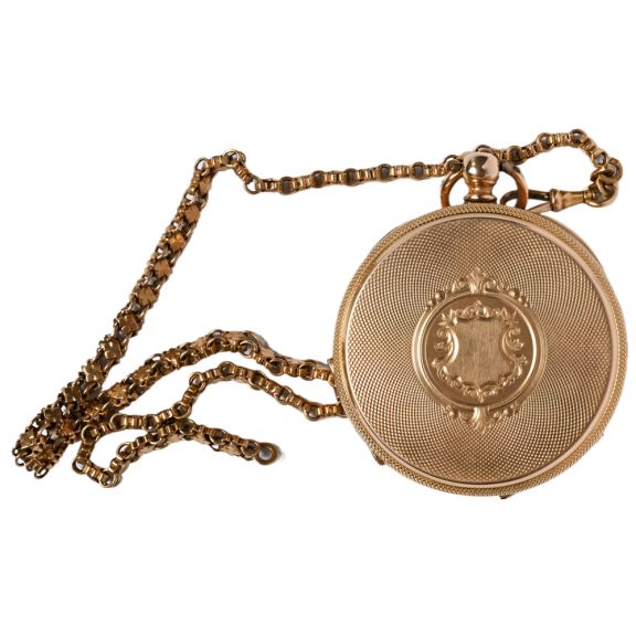 Swiss 18 carat gold open faced lever watch with chain Circa 1900 Swiss 18 carat gold open faced lever watch with chain Circa 1900
