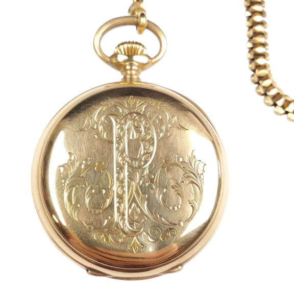 French 18K gold open faced lever watch with calendar Circa 1900 French 18K gold open faced lever watch with calendar Circa 1900