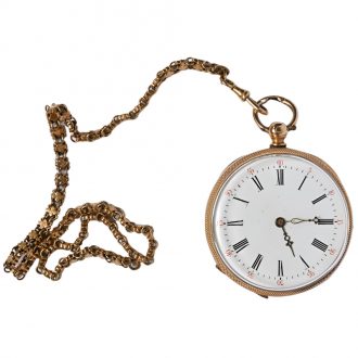 Swiss 18 carat gold open faced lever watch with chain Circa 1900