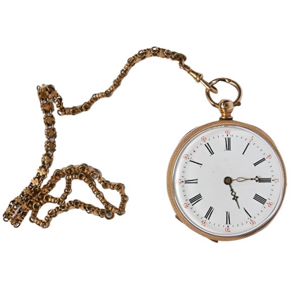 Swiss 18 carat gold open faced lever watch with chain Circa 1900 Swiss 18 carat gold open faced lever watch with chain Circa 1900