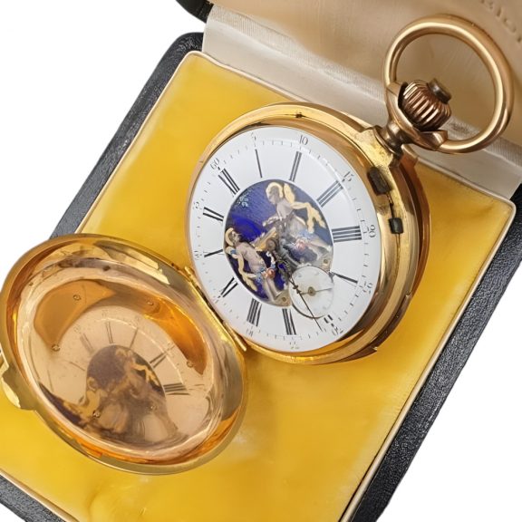 Large Swiss gold quarter repeating automaton watch Circa 1880 Large Swiss gold quarter repeating automaton watch Circa 1880