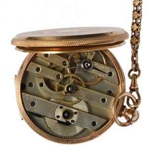 Swiss 18 carat gold open faced lever watch with chain Circa 1900