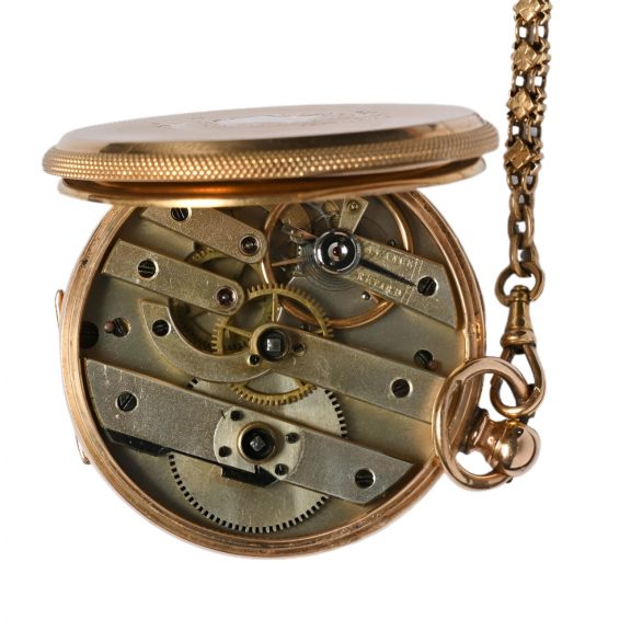 Swiss 18 carat gold open faced lever watch with chain Circa 1900 Swiss 18 carat gold open faced lever watch with chain Circa 1900