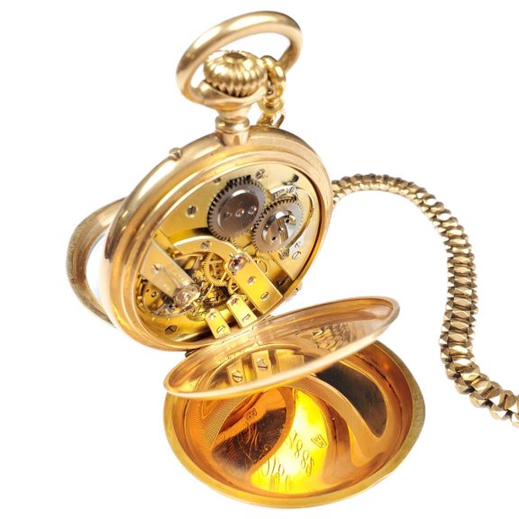 French 18K gold open faced lever watch with calendar Circa 1900 French 18K gold open faced lever watch with calendar Circa 1900