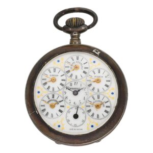 Swiss silver keyless pocket watch with six time zones Circa 1890