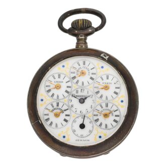 Swiss silver keyless pocket watch with six time zones Circa 1890 Swiss silver keyless pocket watch with six time zones Circa 1890