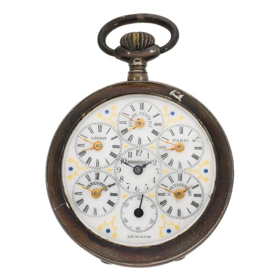 Swiss silver keyless pocket watch with six time zones Circa 1890 Swiss silver keyless pocket watch with six time zones Circa 1890