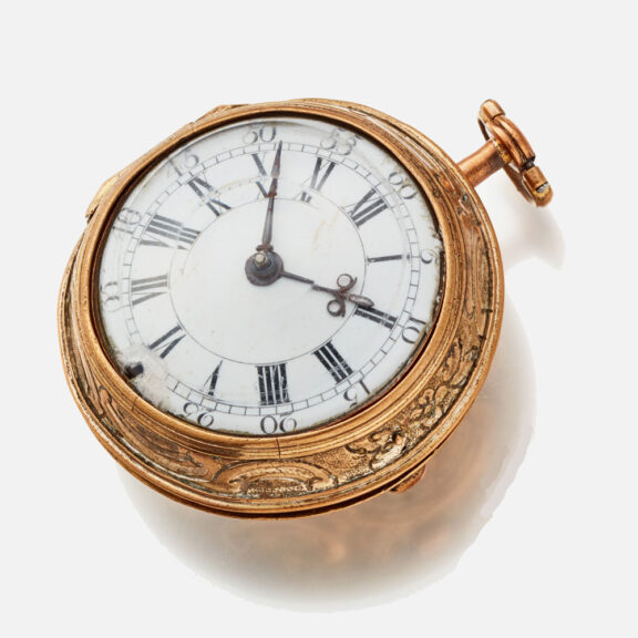 An English verge watch in gilt repousse pair cases Circa 1760 An English verge watch in gilt repousse pair cases Circa 1760