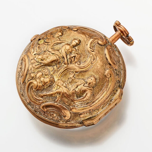 An English verge watch in gilt repousse pair cases Circa 1760 An English verge watch in gilt repousse pair cases Circa 1760