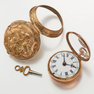 An English verge watch in gilt repousse pair cases Circa 1760