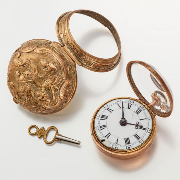 An English verge watch in gilt repousse pair cases Circa 1760 An English verge watch in gilt repousse pair cases Circa 1760