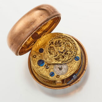 An English verge watch in gilt repousse pair cases Circa 1760