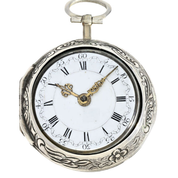 English silver repoussé pair cased verge watch Circa 1766 English silver repoussé pair cased verge watch Circa 1766