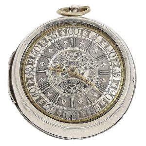 English silver pair cased watch with mock pendulum Circa 1700