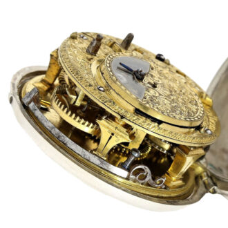 English silver pair cased watch with mock pendulum Circa 1700