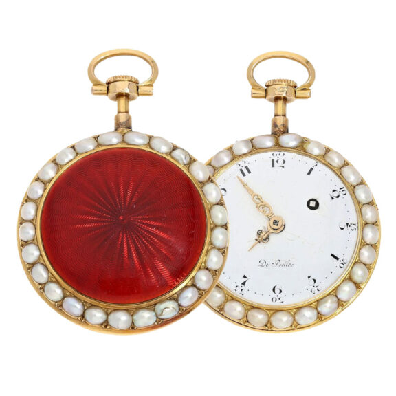 French gold, red enamel and oriental pearls watch Circa 1790