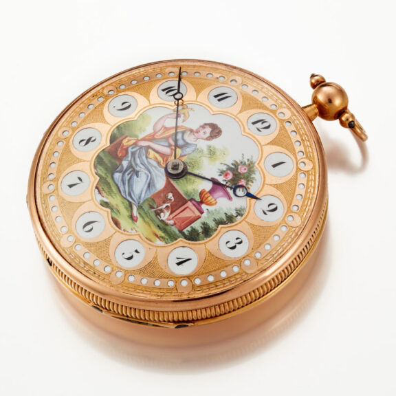 A beautiful gold Swiss verge watch with painted dial Circa 1810 A beautiful gold Swiss verge watch with painted dial Circa 1810