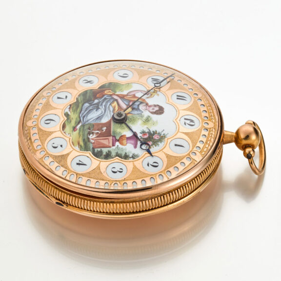 A beautiful gold Swiss verge watch with painted dial Circa 1810 A beautiful gold Swiss verge watch with painted dial Circa 1810