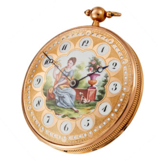 A beautiful gold Swiss verge watch with painted dial Circa 1810
