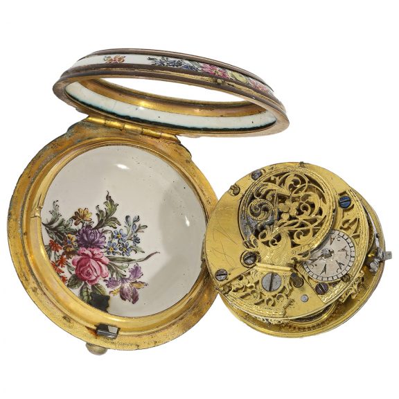 Rare English leton enamelled and porcelain pocket watch Circa 1760 Rare English leton enamelled and porcelain pocket watch Circa 1760